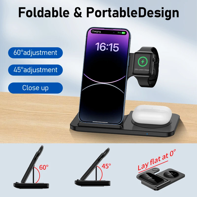 Fast Wireless Charger Stand | Foldable Charging Dock for iPhone 12–16 Pro Max, Apple Watch & AirPods