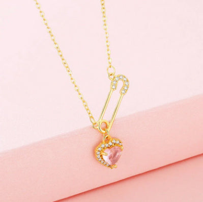 Rhinestone Heart Pin Necklace