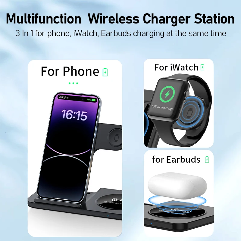 Fast Wireless Charger Stand | Foldable Charging Dock for iPhone 12–16 Pro Max, Apple Watch & AirPods