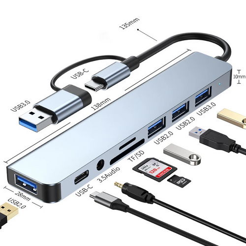 8-in-2 USB & Type-C HUB | Docking Station with Audio Jack, Micro SD Reader for Laptop, Tablet & Phone