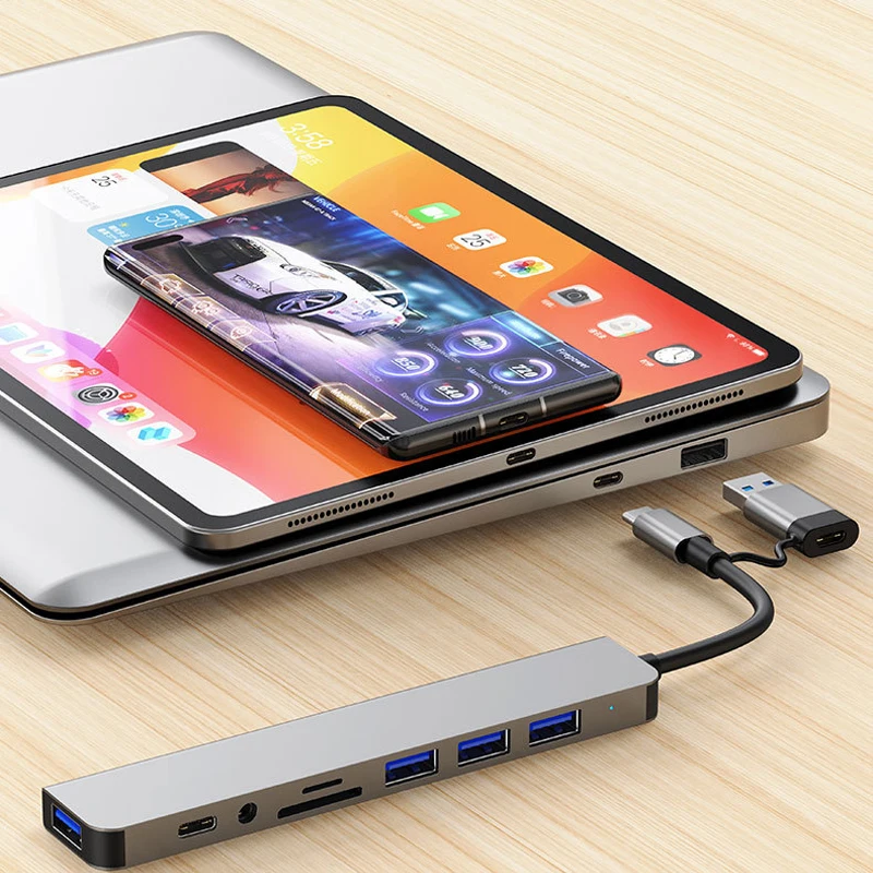8-in-2 USB & Type-C HUB | Docking Station with Audio Jack, Micro SD Reader for Laptop, Tablet & Phone